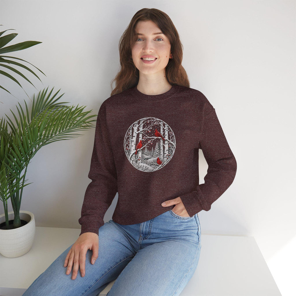 Winter Cardinal Birch Tree Sweatshirt, Snowy Nature Crewneck, Cozy Bird Apparel