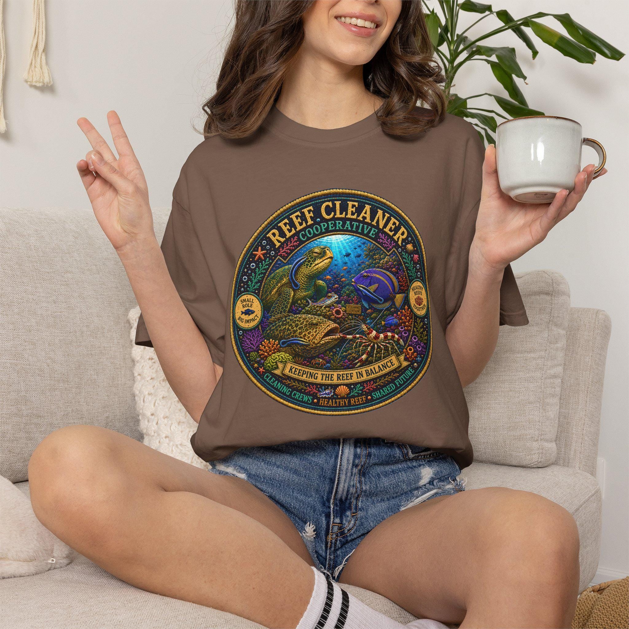 Reef Cleaner Badge T-shirt | Sea Turtle & Coral Conservation Graphic
