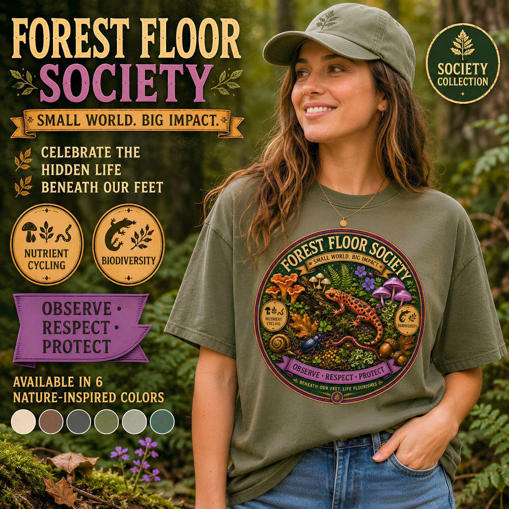 Forest Floor Society T-Shirt | Woodland Mushroom Moss Graphic Tee | Nature Lover Gift