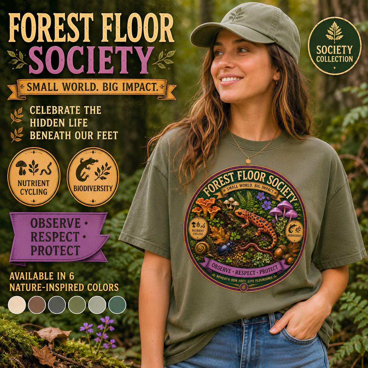Forest Floor Society T-Shirt | Woodland Mushroom Moss Graphic Tee | Nature Lover Gift