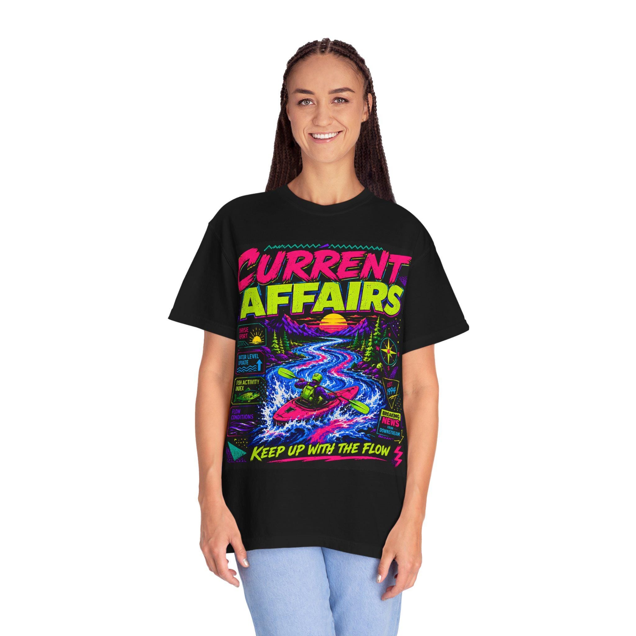 Neon Kayak River Graphic Tee, 90s Outdoor Adventure Shirt, Whitewater Kayaking Apparel
