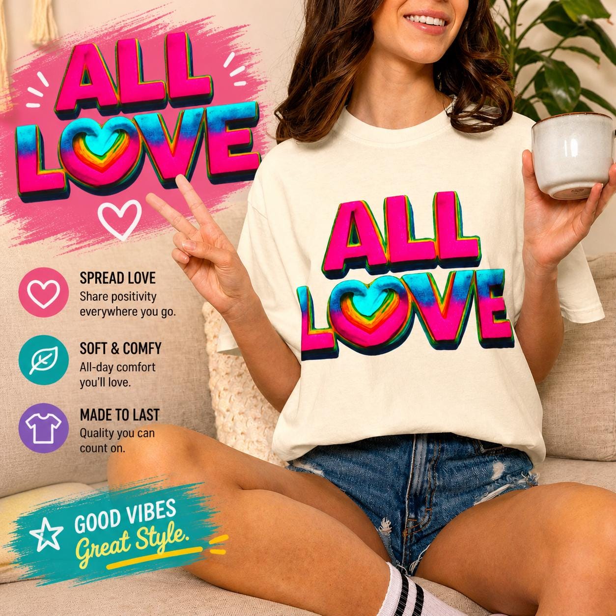 All Love Retro Heart Graphic Tee, Colorful Positive Vibes Shirt