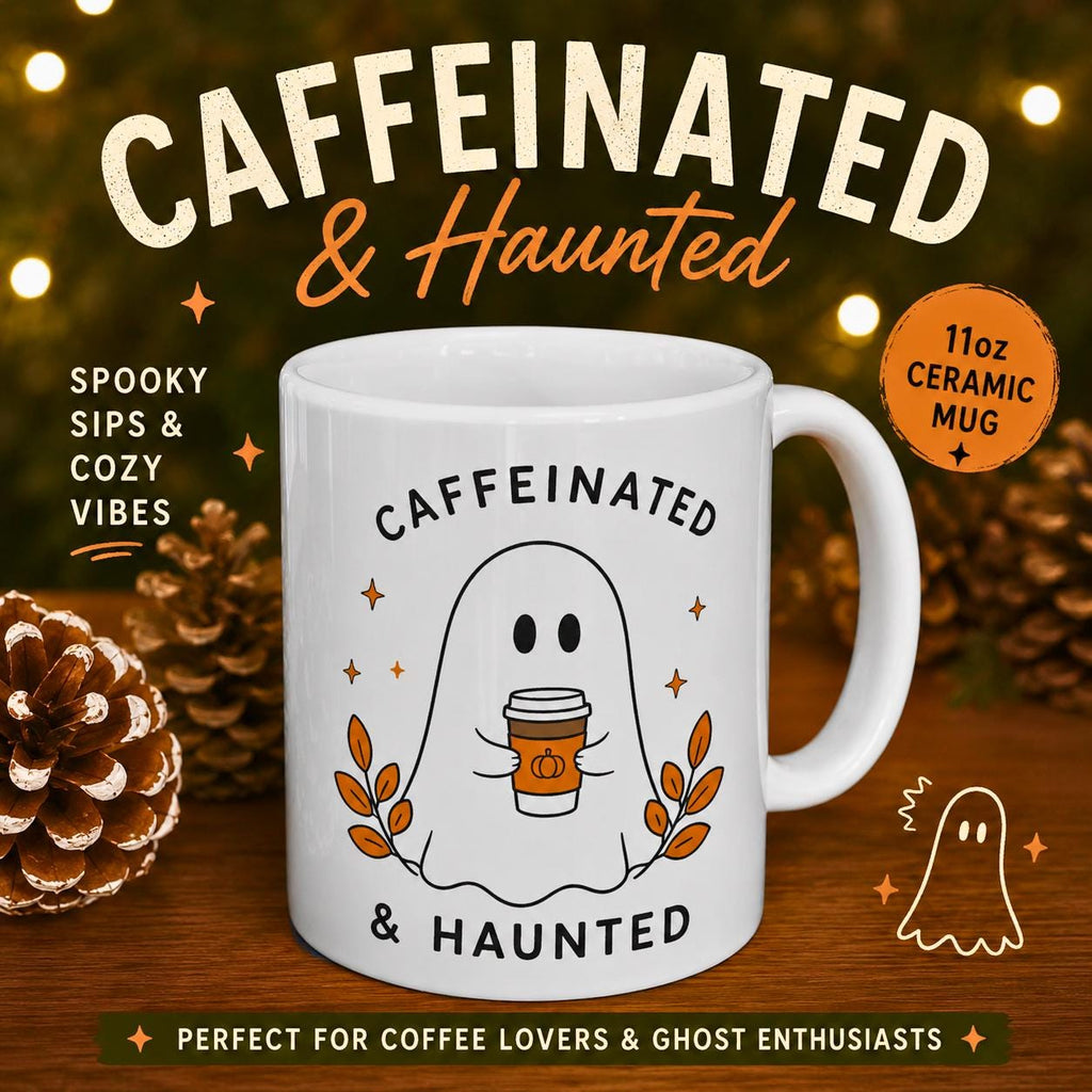 Caffeinated & Haunted Ghost Illustration Mug | Ceramic Coffee Cup