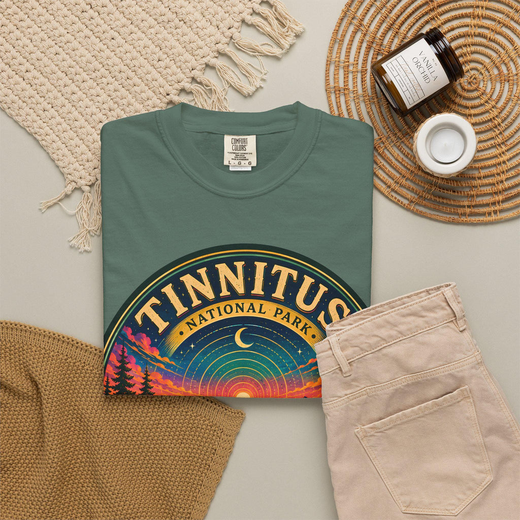Tinnitus National Park badge sunset landscape T-shirt | No Quiet Hours graphic tee