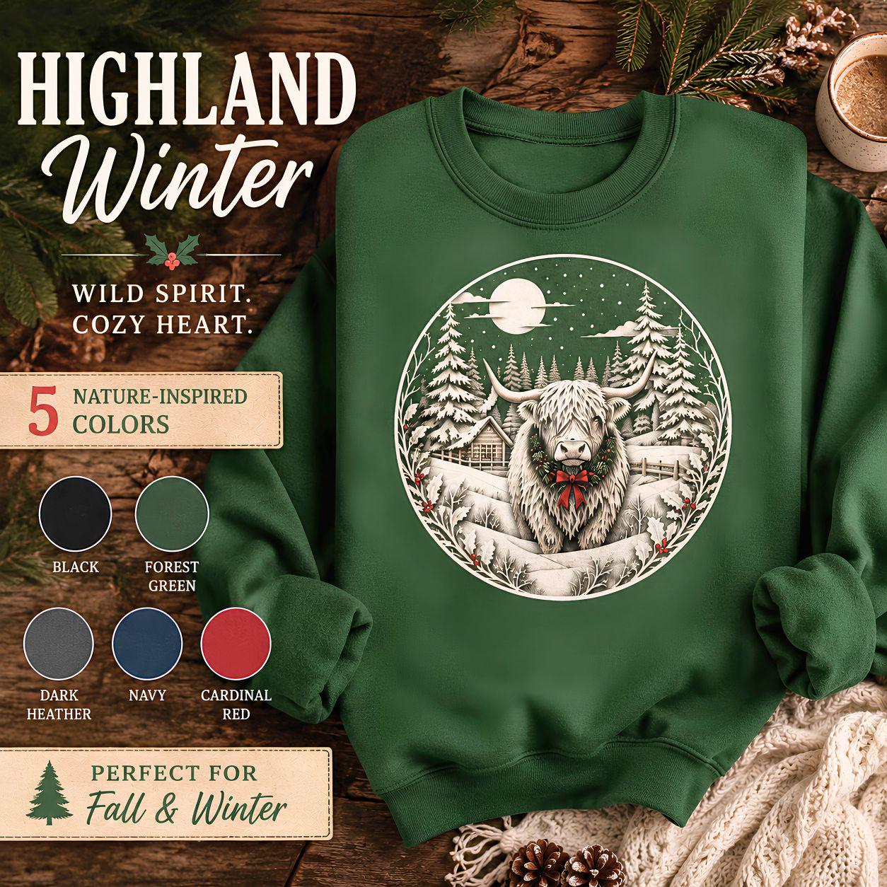 Winter Highland Cow Crewneck Sweatshirt, Rustic Christmas Scene, Cozy Farmhouse Style