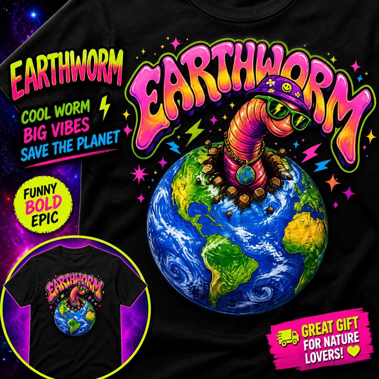 Psychedelic Earthworm T-Shirt, Funky Cartoon Worm, Vaporwave Streetwear Tee