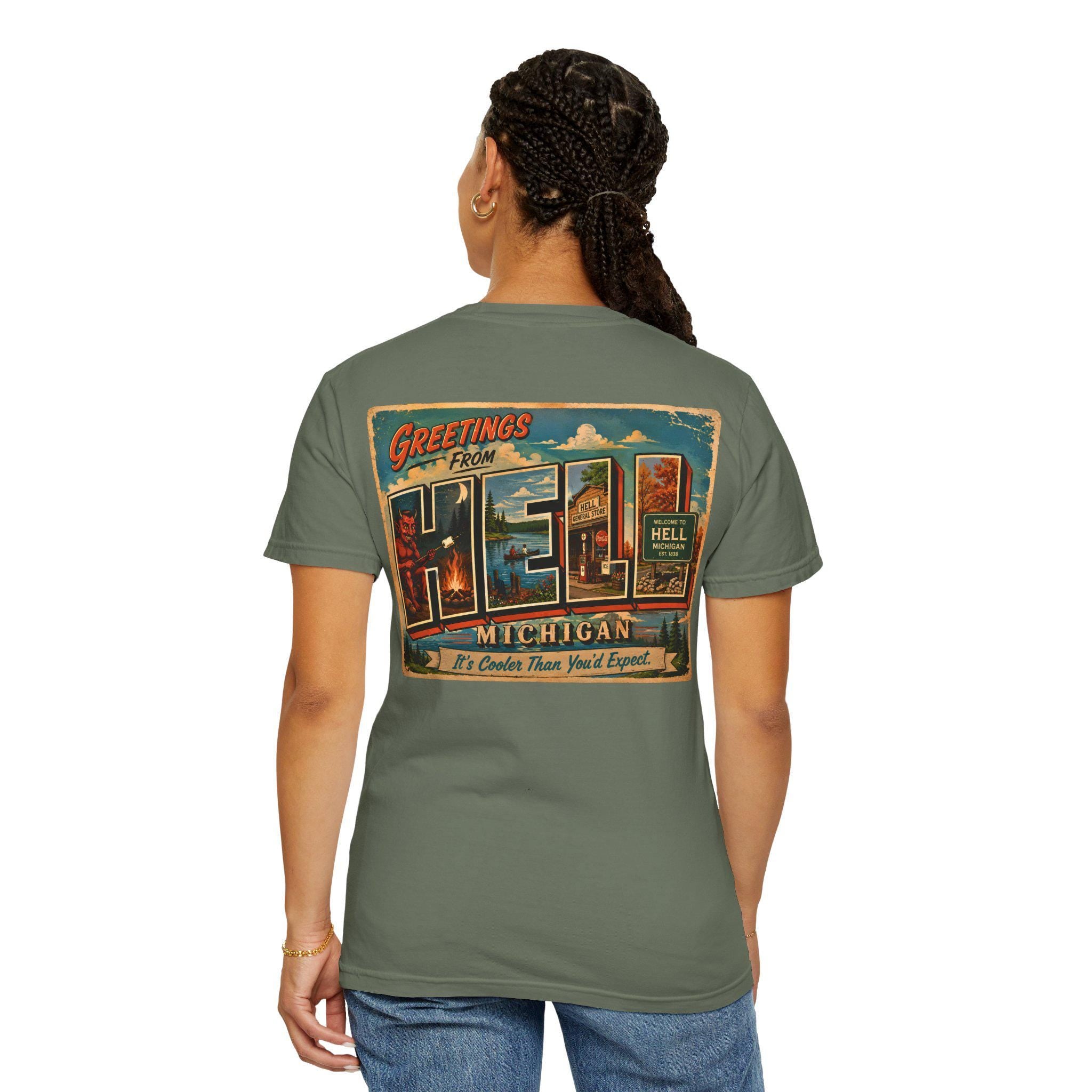 Greetings From Hell Michigan Postcard Shirt | Vintage Travel Souvenir Tee
