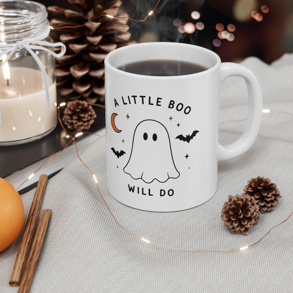 Ghost Halloween Ceramic Mug | Minimalist Spooky Bat Moon Design