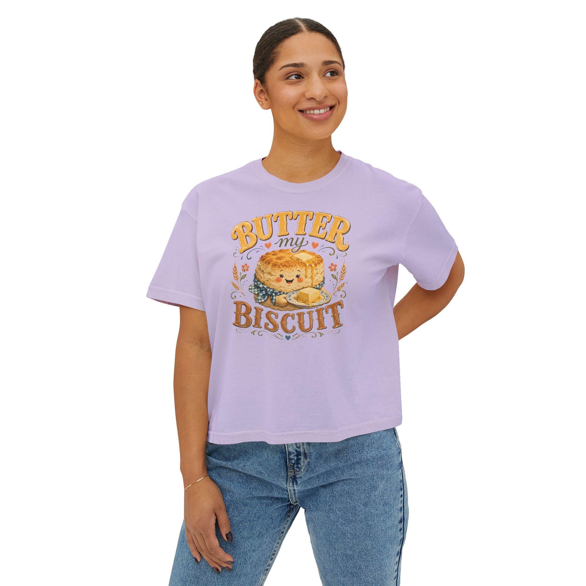 Butter My Biscuit Tee | Retro Smiling Biscuit Character Boxy Top