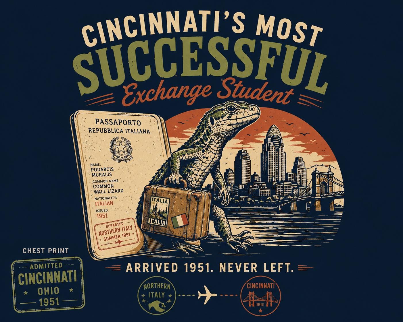 Cincinnati Exchange Student Common Wall Lizard Tee, Vintage Ohio Wildlife Shirt