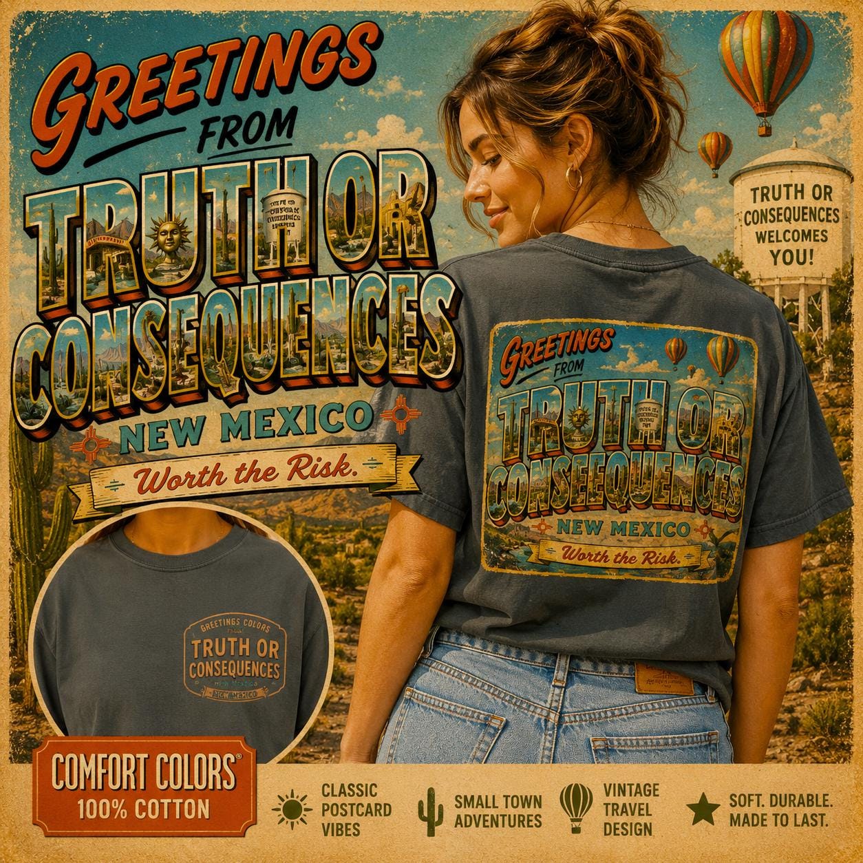 Greetings From Truth or Consequences New Mexico Postcard T-Shirt | Vintage Travel Souvenir Worth the Risk