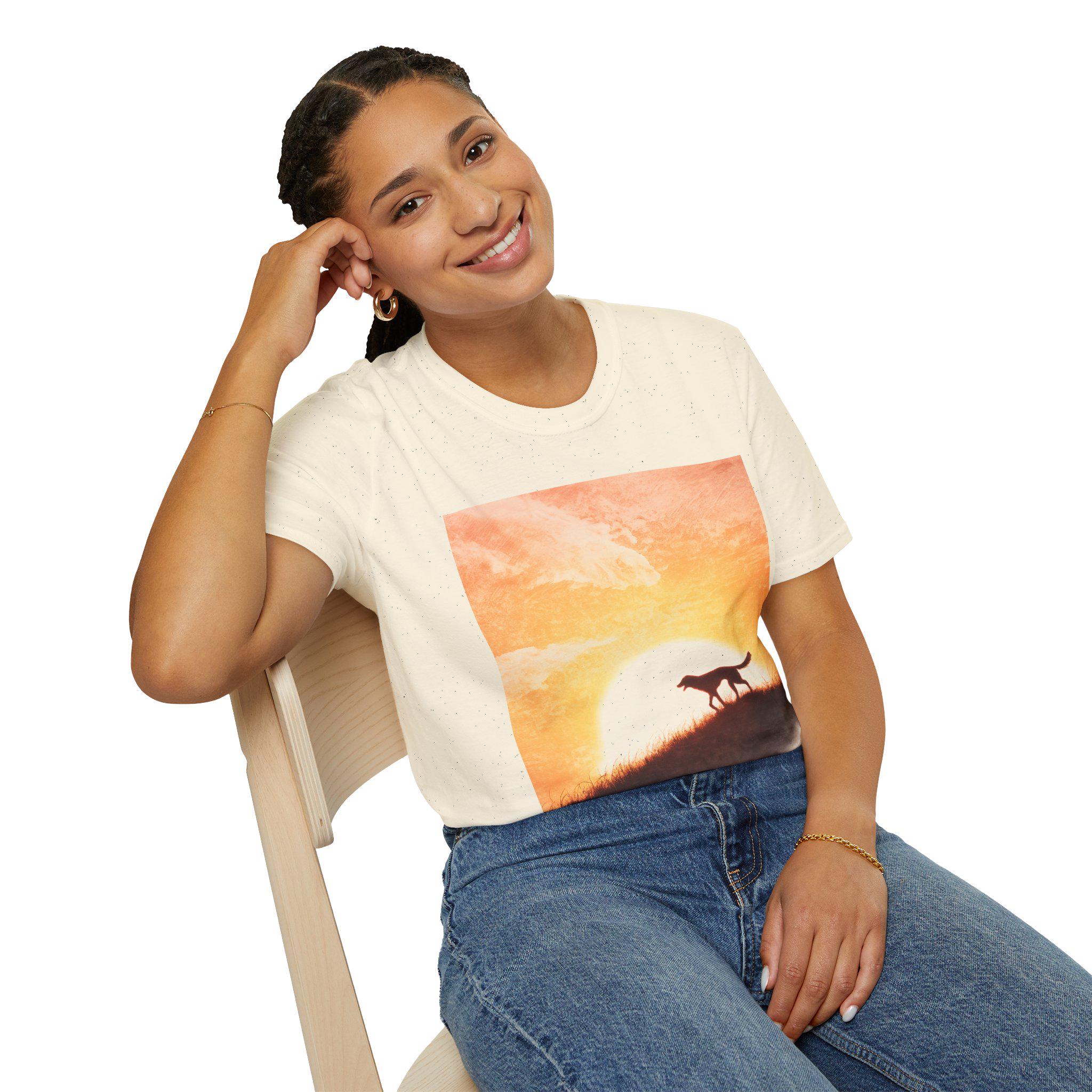 Dog Silhouette Sunset Landscape Tee, Unisex Softstyle Nature Shirt