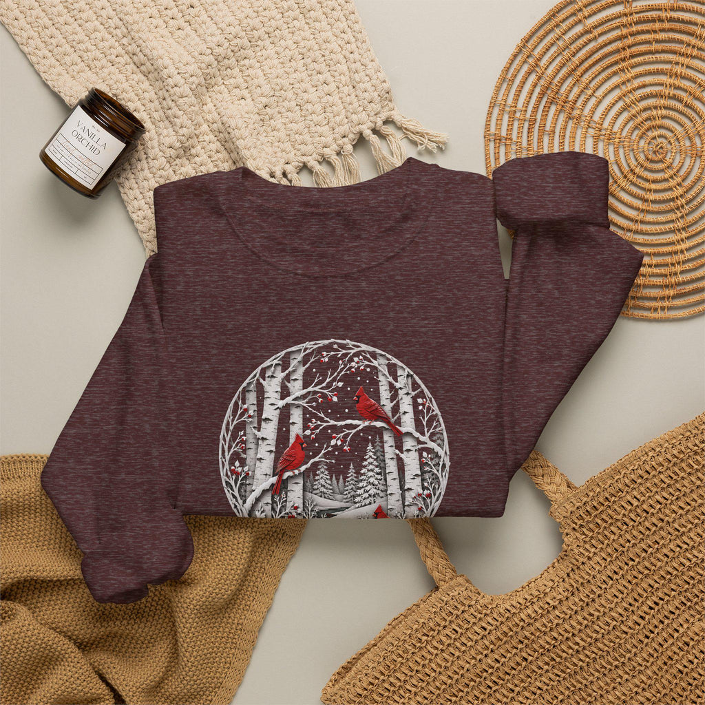 Winter Cardinal Birch Tree Sweatshirt, Snowy Nature Crewneck, Cozy Bird Apparel