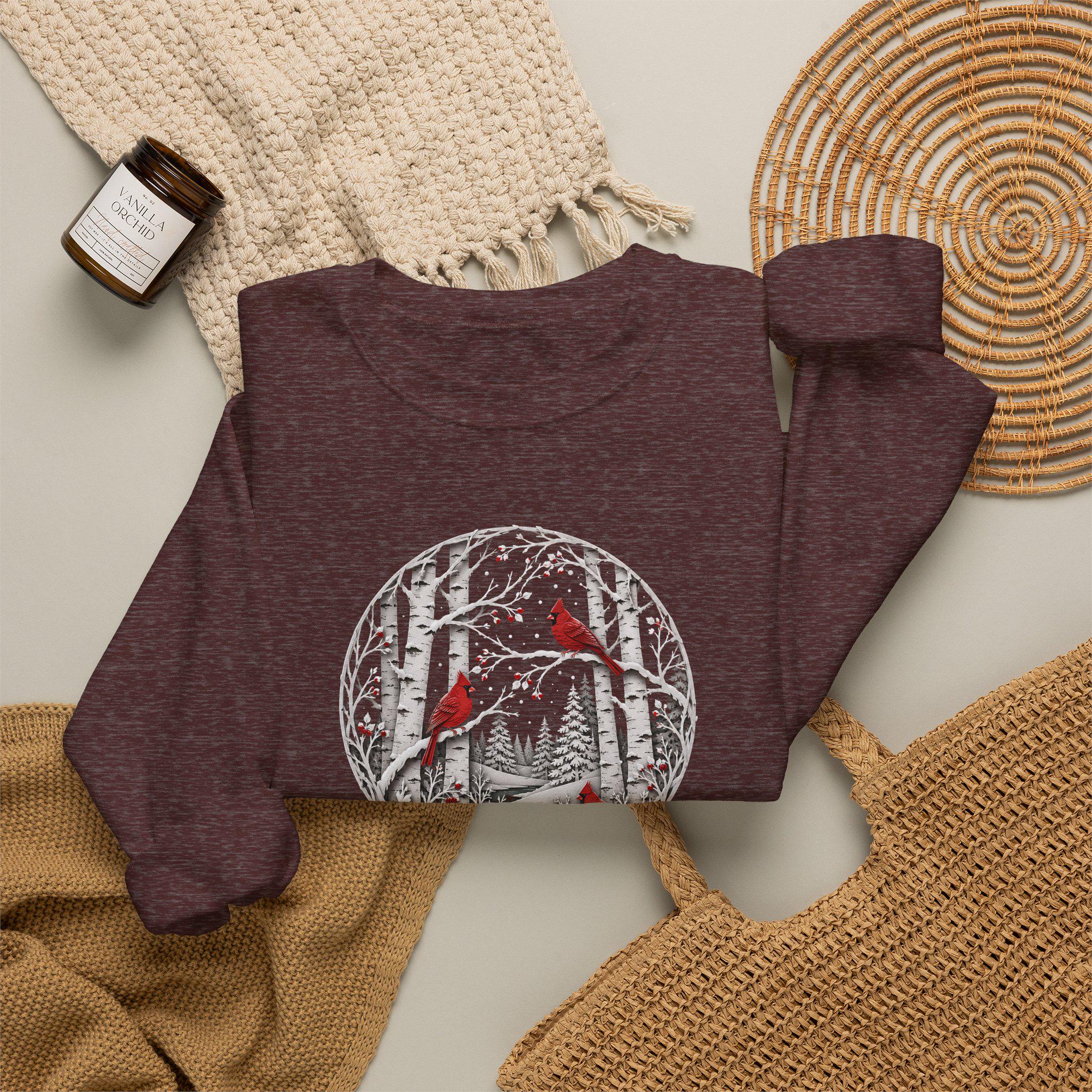 Winter Cardinal Birch Tree Sweatshirt, Snowy Nature Crewneck, Cozy Bird Apparel