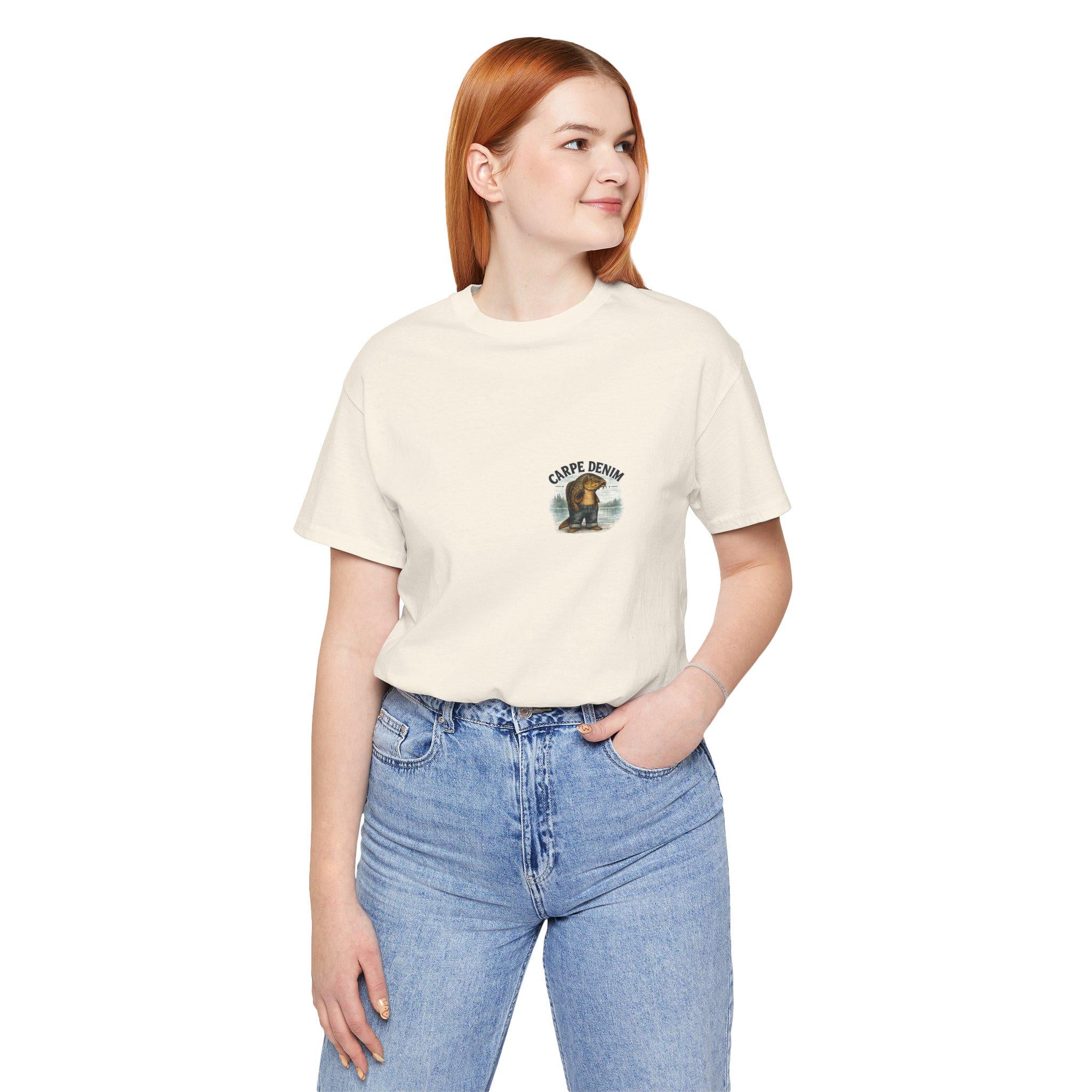 Carpe Denim Fish Graphic Tee, Funny Fishing Pun Shirt, Lake Life Apparel