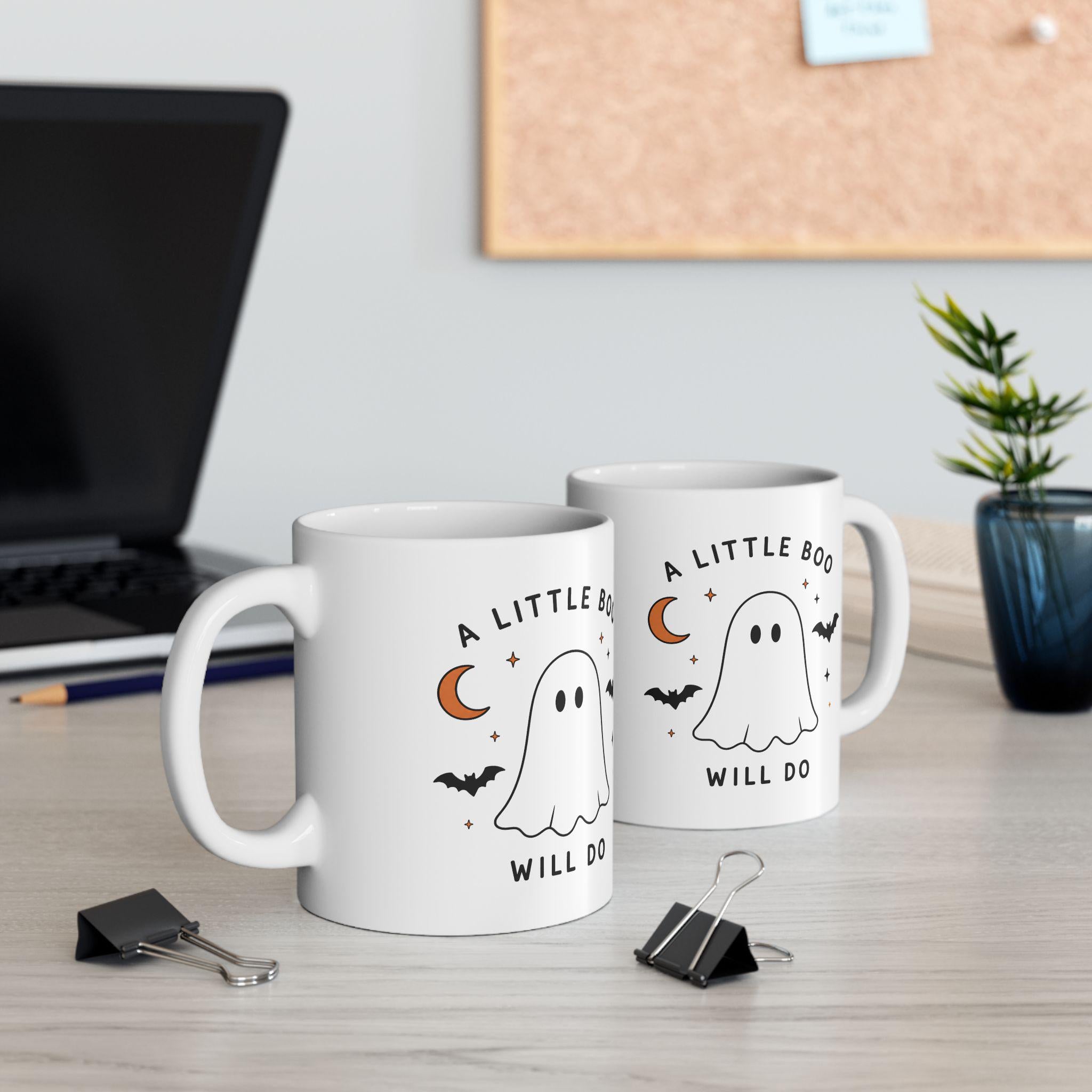 Ghost Halloween Ceramic Mug | Minimalist Spooky Bat Moon Design