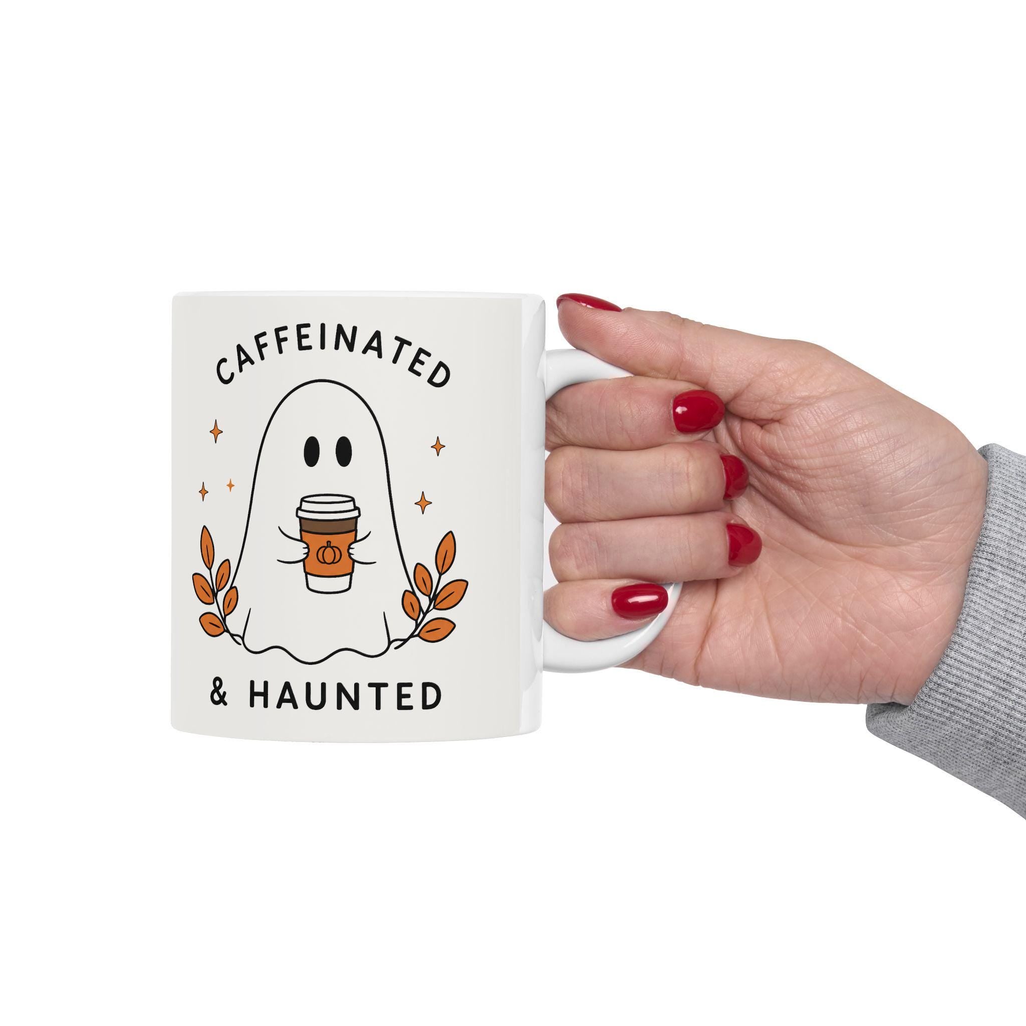 Caffeinated & Haunted Ghost Illustration Mug | Ceramic Coffee Cup