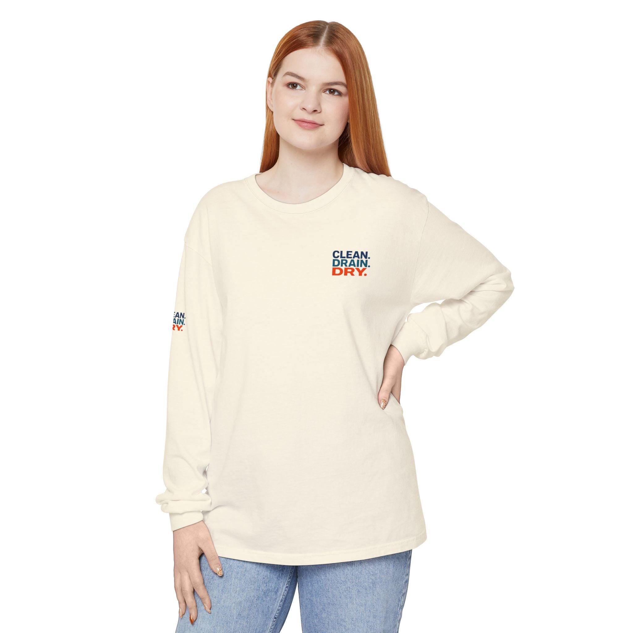 Clean Drain Dry Long Sleeve Shirt, Lake Conservation, Invasive Species Awareness Tee