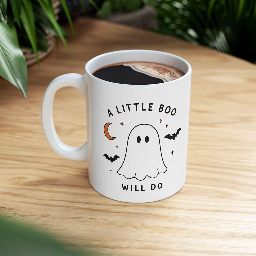 Ghost Halloween Ceramic Mug | Minimalist Spooky Bat Moon Design