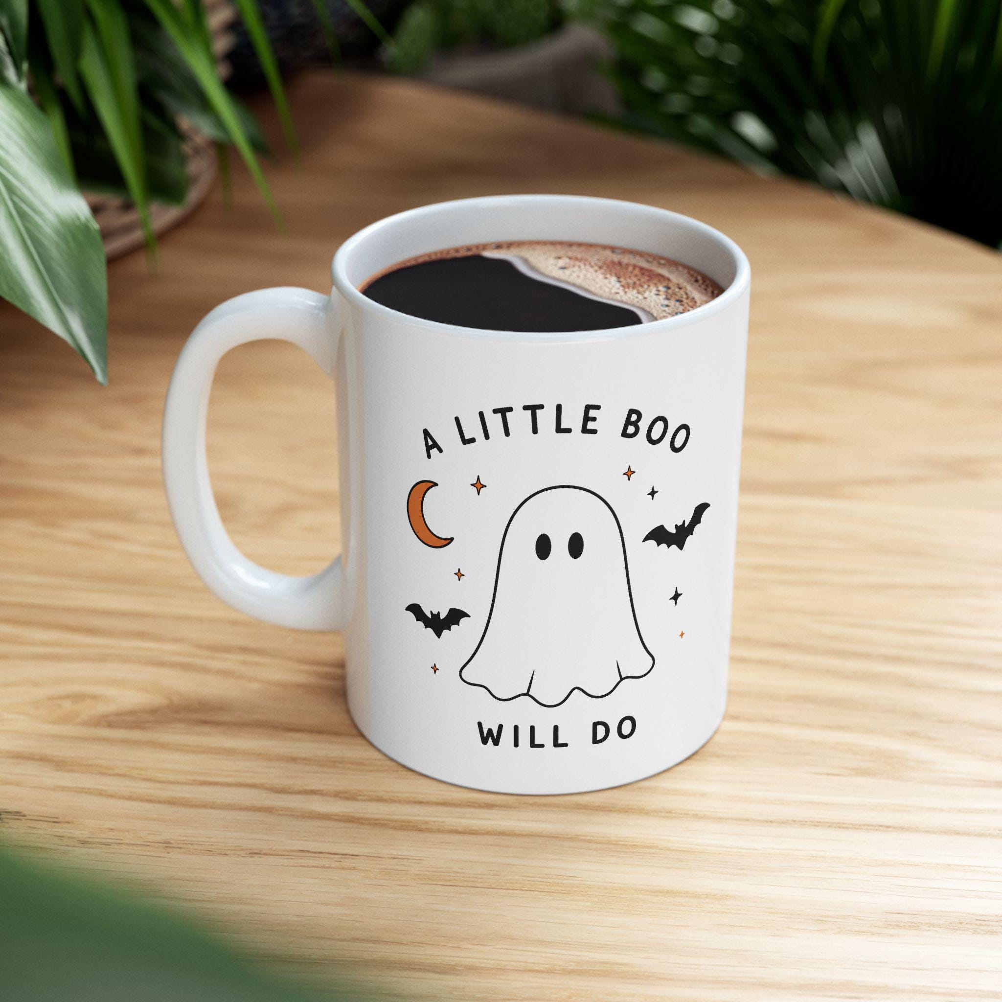 Ghost Halloween Ceramic Mug | Minimalist Spooky Bat Moon Design