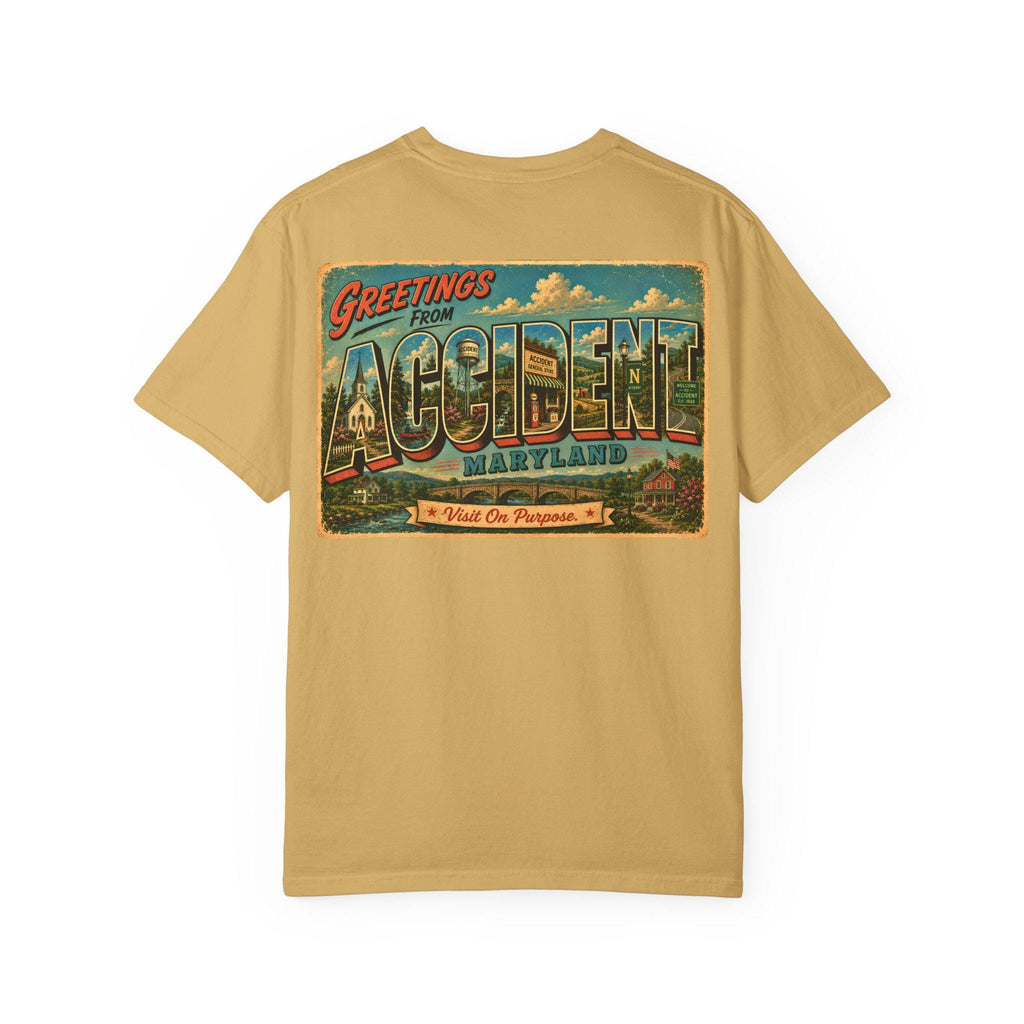 Greetings From Accident Maryland Postcard Graphic Tee, Vintage Small Town Souvenir Shirt