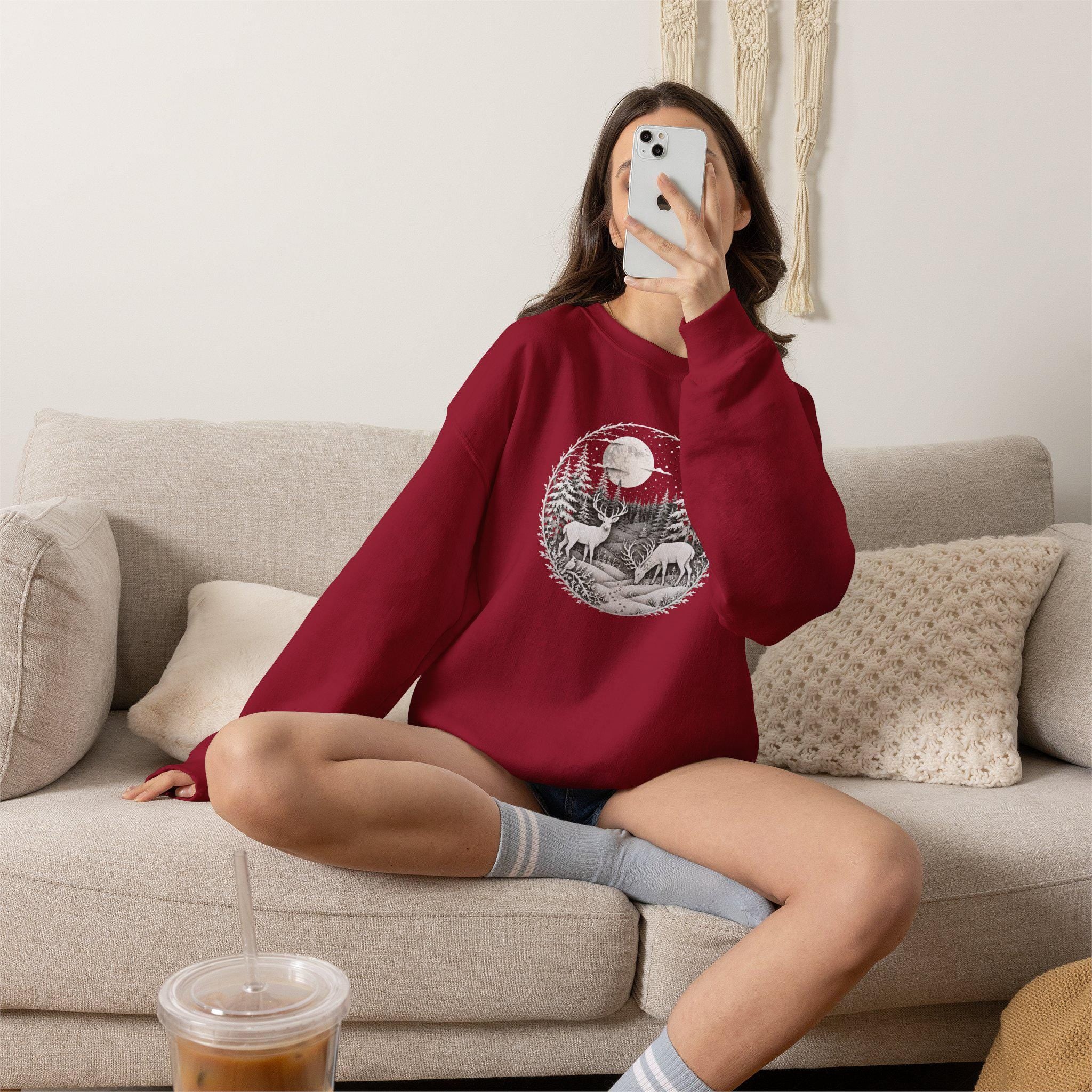 Moonlit Forest Deer Sweatshirt, Woodland Nature Crewneck, Winter Wildlife Apparel