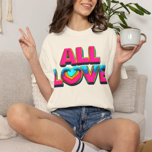 All Love Retro Heart Graphic Tee, Colorful Positive Vibes Shirt