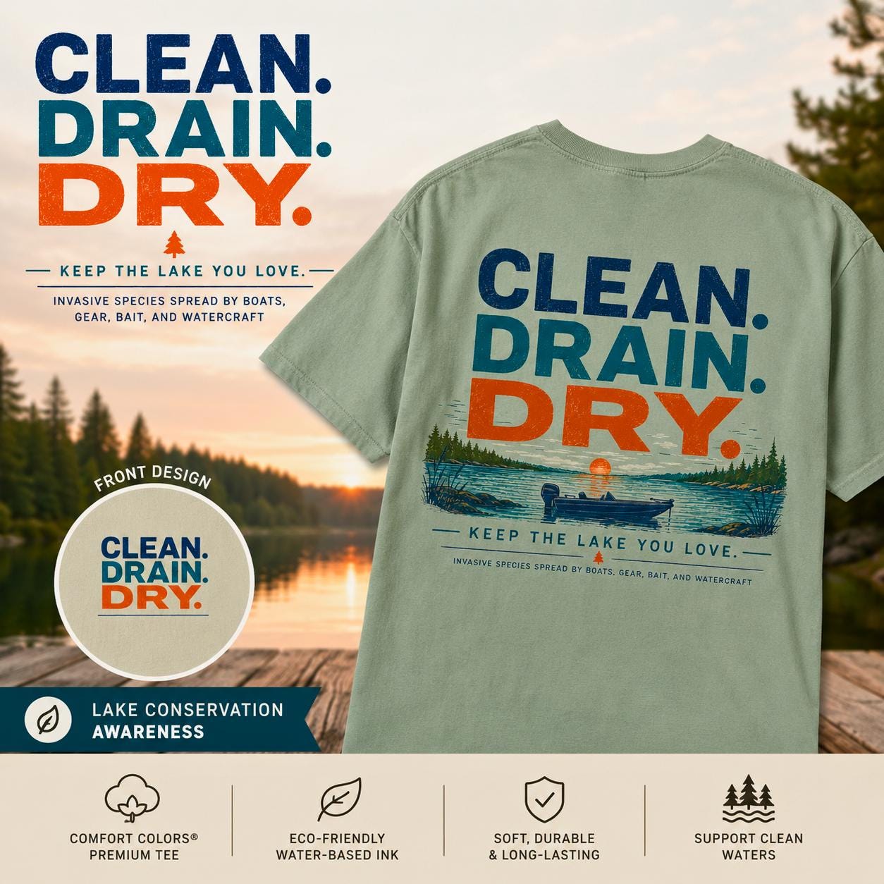 Clean Drain Dry Lake Conservation Tee, Invasive Species Awareness Boating Shirt
