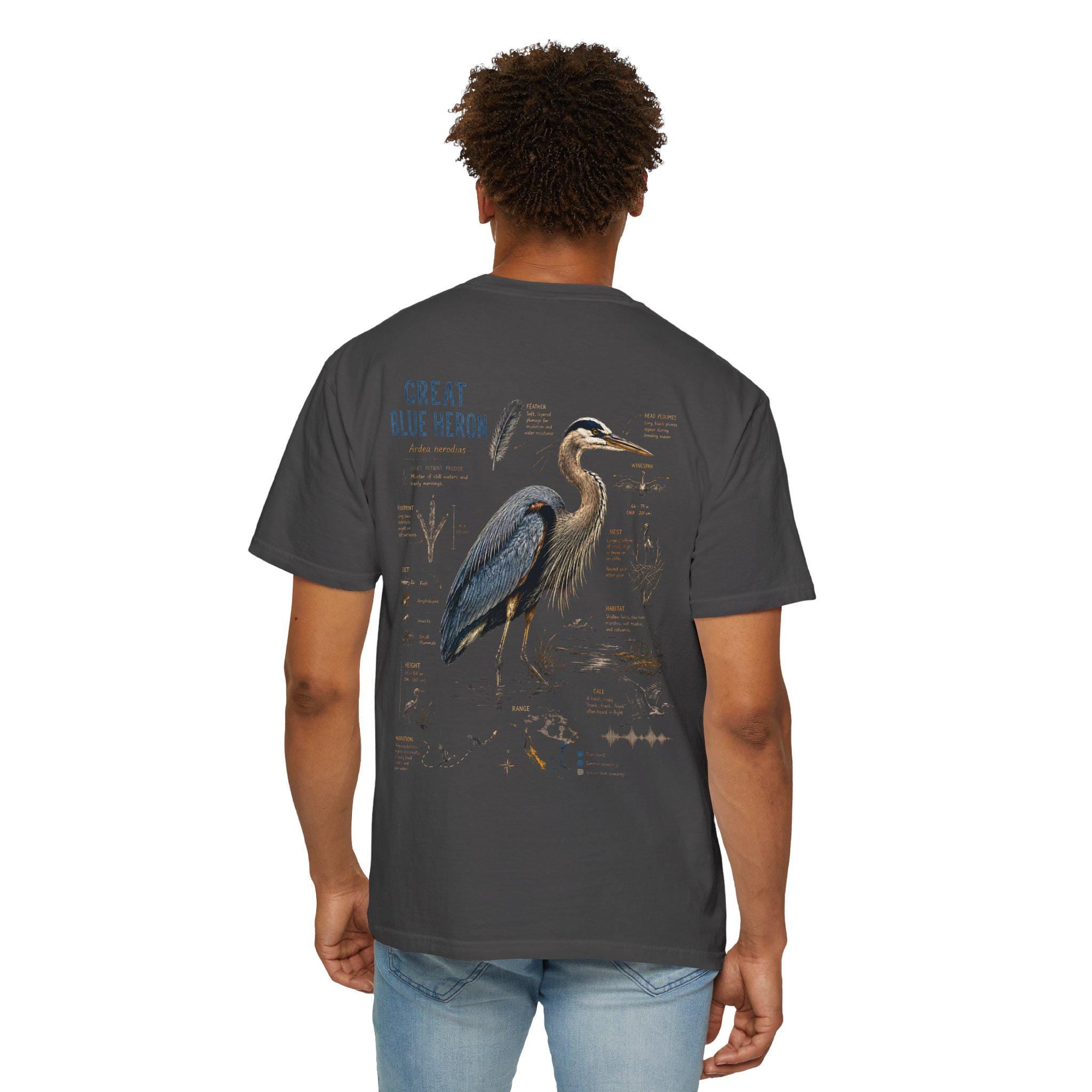 Blue Heron Field Guide T-Shirt | Vintage Nature Illustration, Wetland Bird Apparel