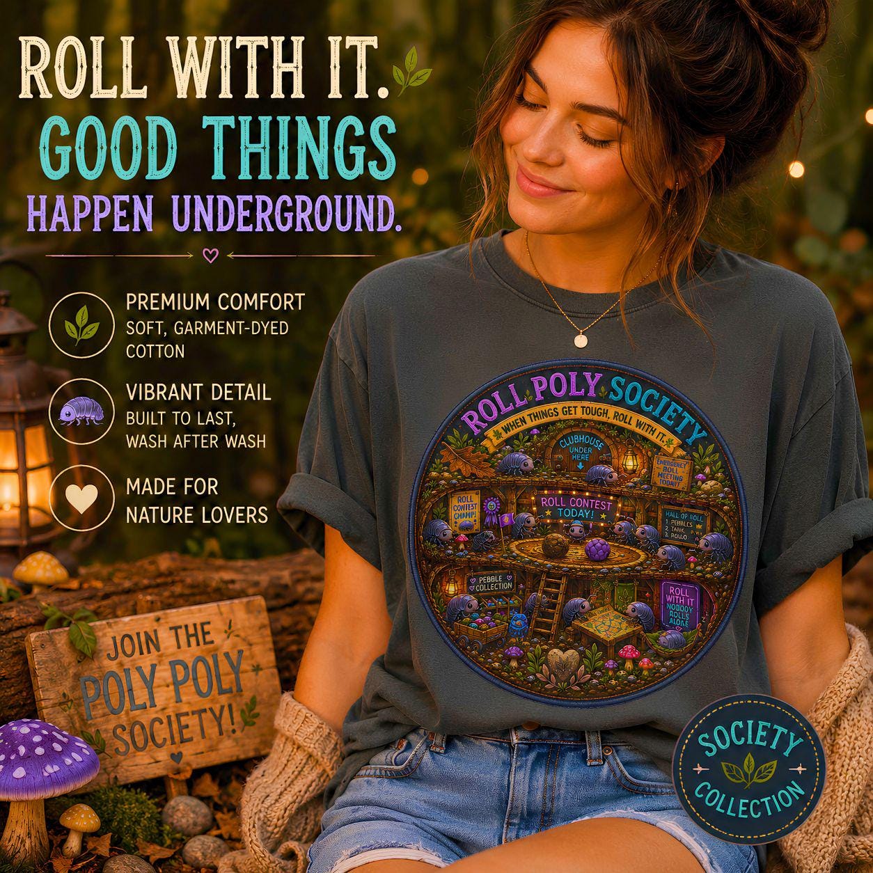 Roly Poly Society illustration T-Shirt | vintage arcade night scene