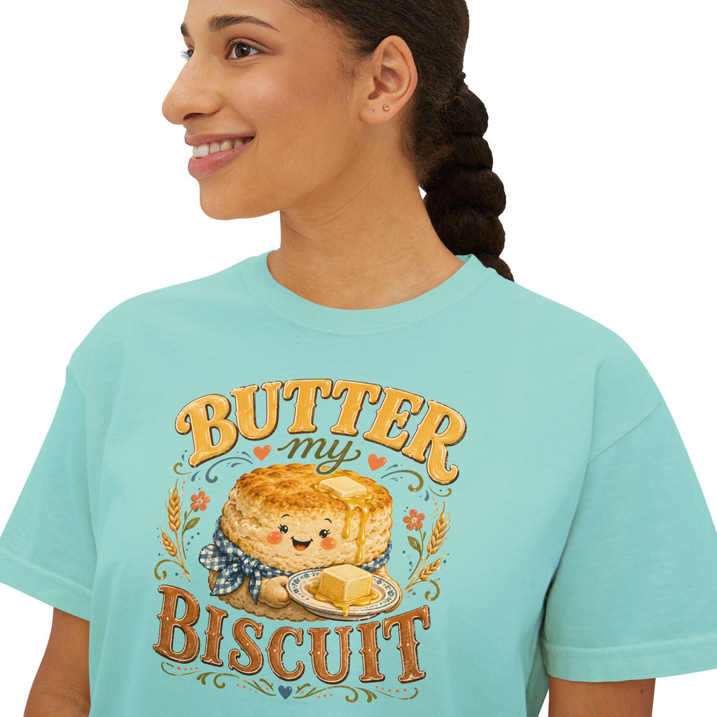 Butter My Biscuit Tee | Retro Smiling Biscuit Character Boxy Top