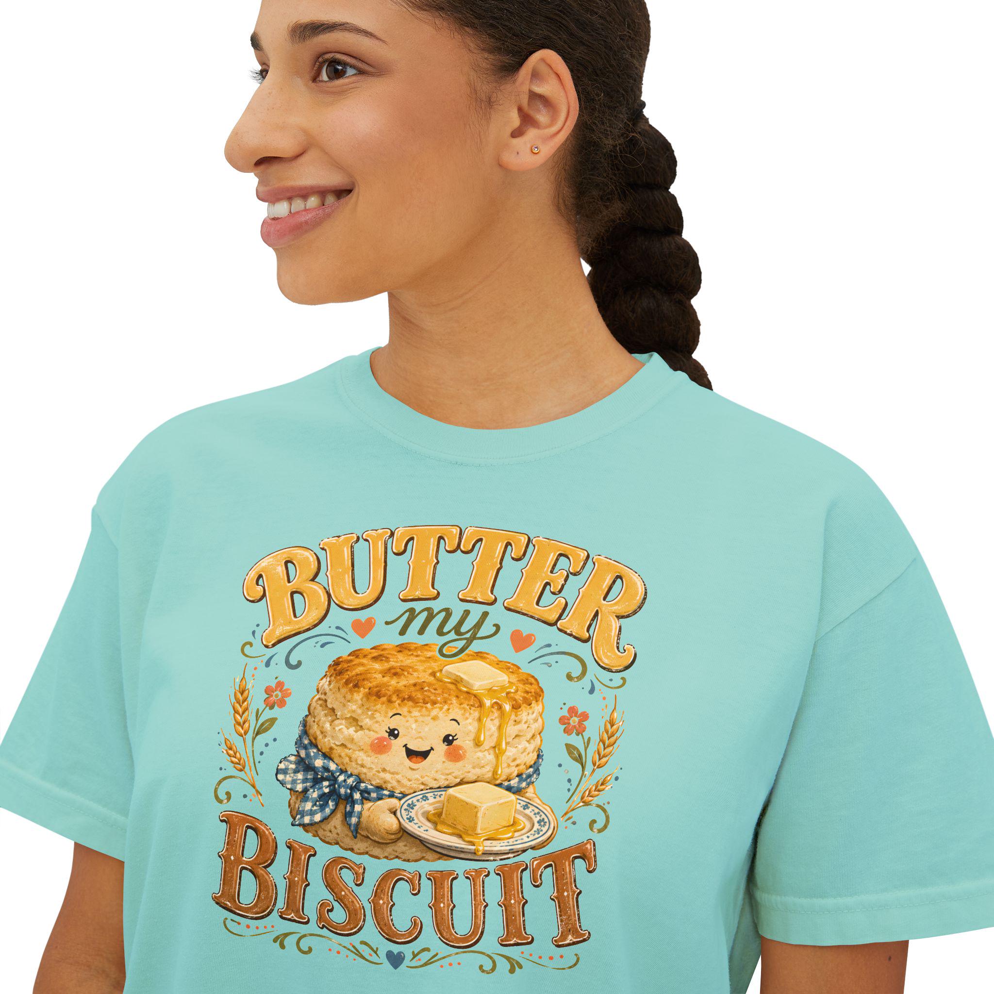 Butter My Biscuit Tee | Retro Smiling Biscuit Character Boxy Top
