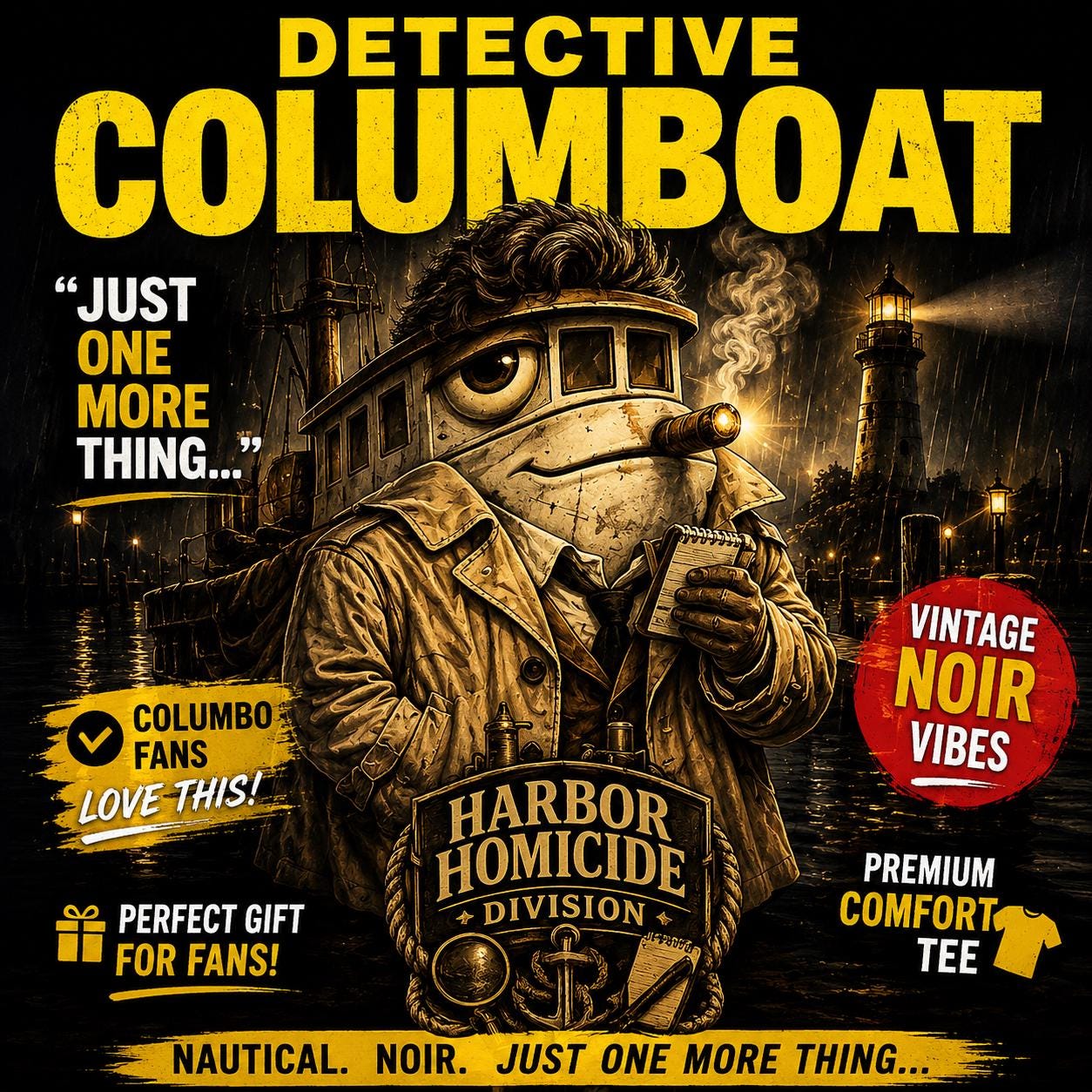 Detective Columboat Harbor Homicide Division Tee: Vintage Noir Parody