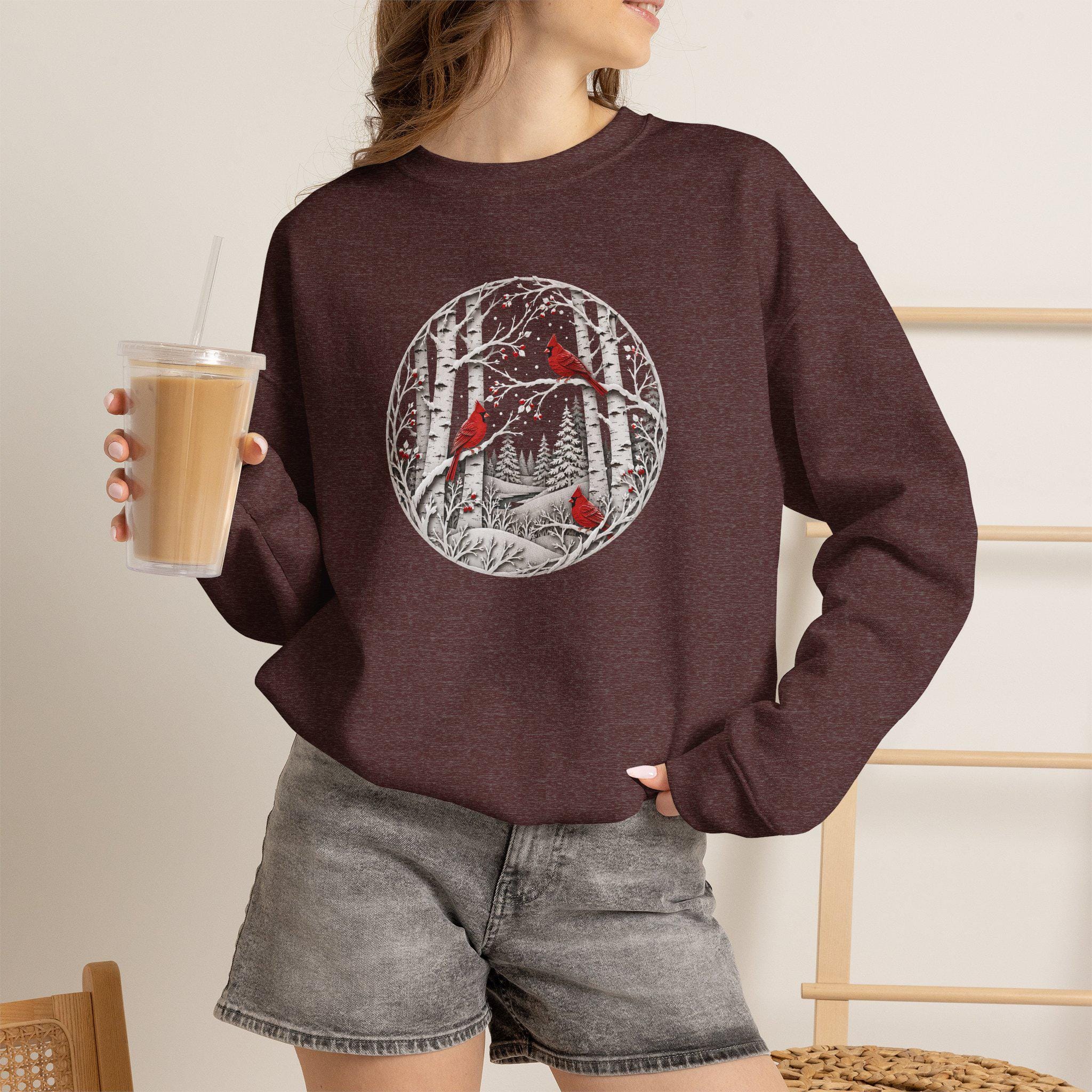 Winter Cardinal Birch Tree Sweatshirt, Snowy Nature Crewneck, Cozy Bird Apparel