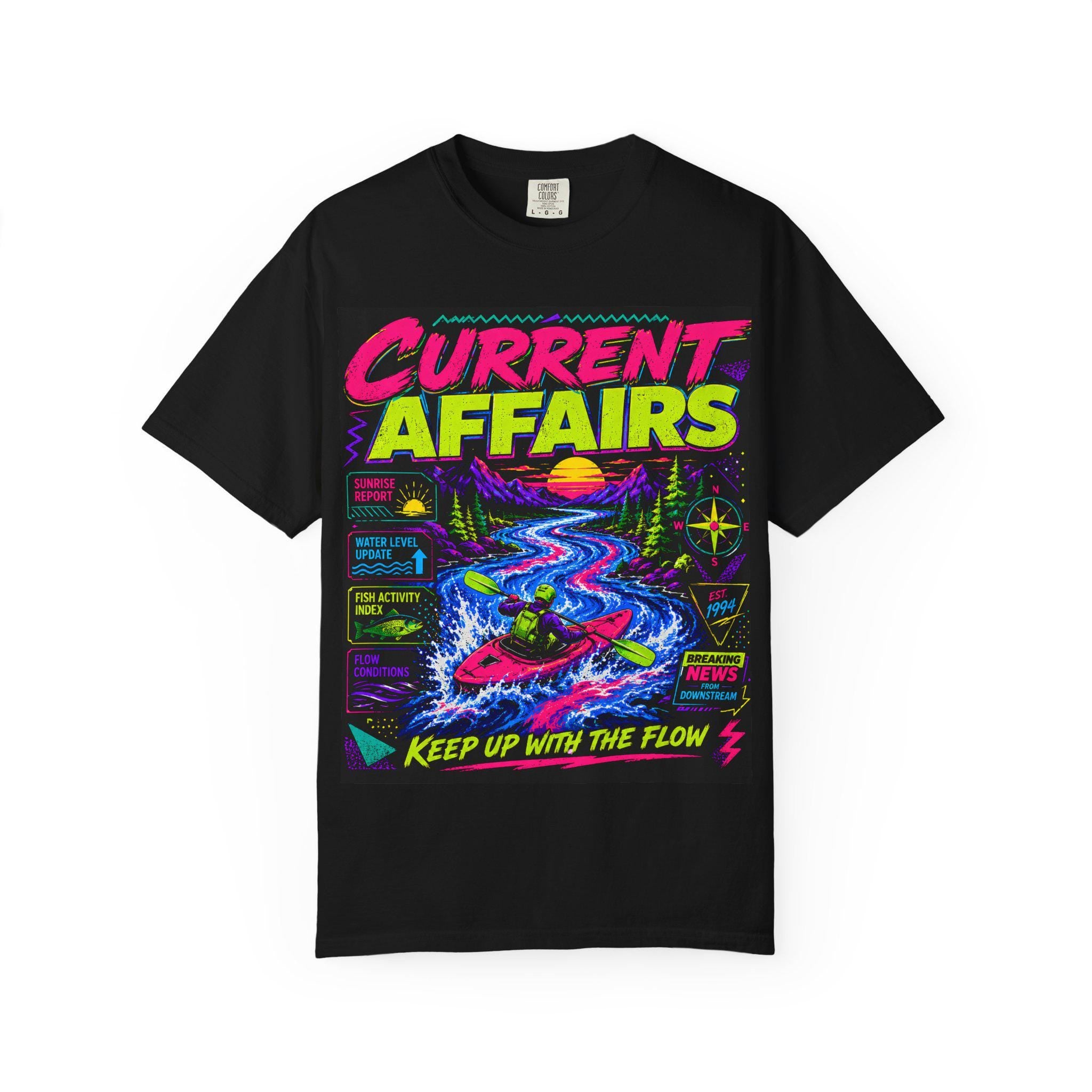 Neon Kayak River Graphic Tee, 90s Outdoor Adventure Shirt, Whitewater Kayaking Apparel