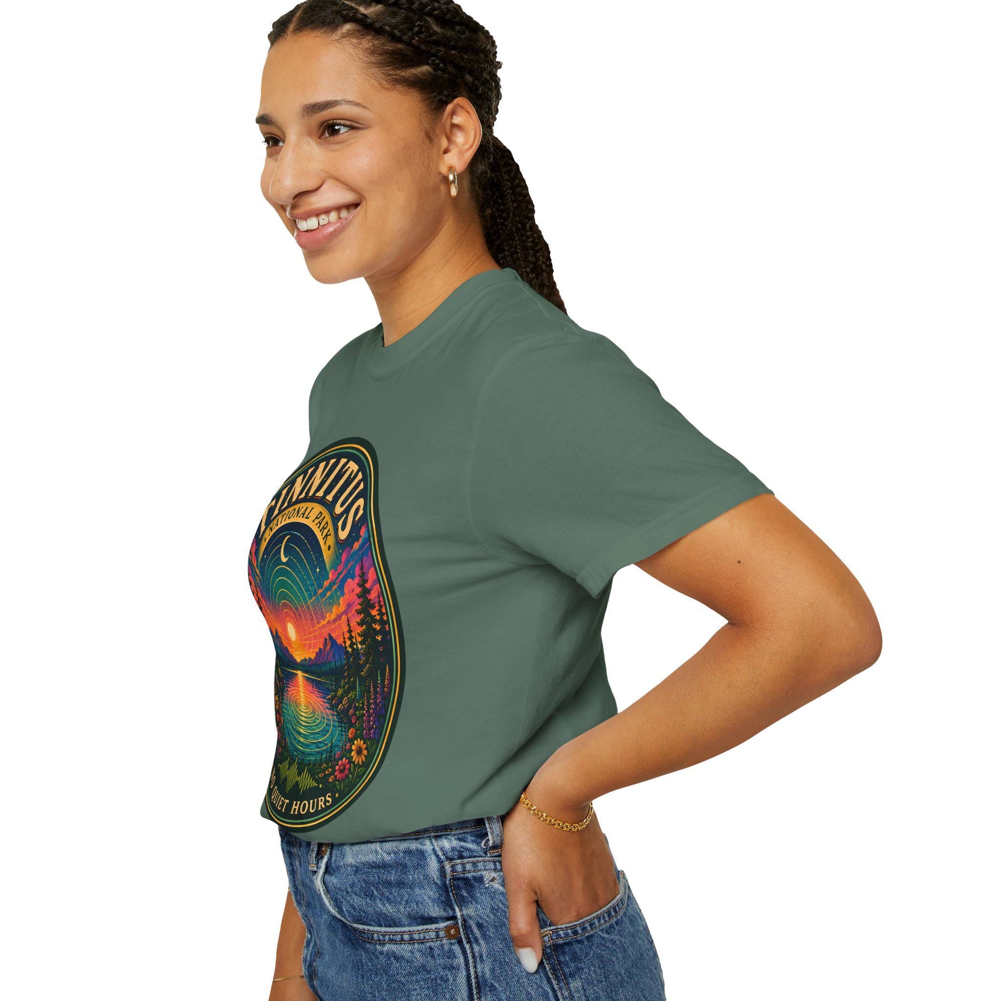 Tinnitus National Park badge sunset landscape T-shirt | No Quiet Hours graphic tee
