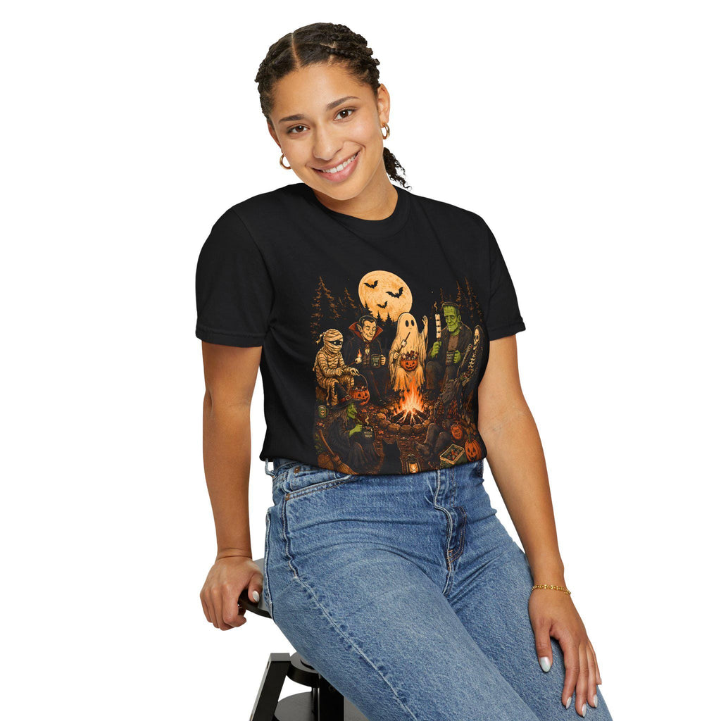 Monster Campfire Scene T-shirt | Halloween Haunted Pumpkin Night