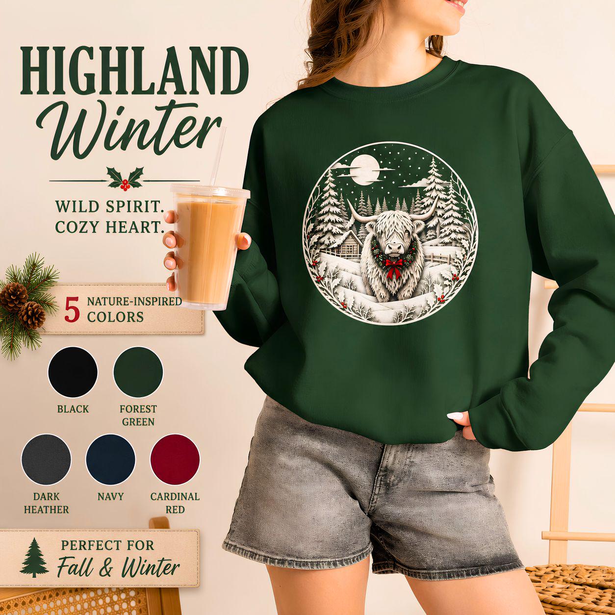 Winter Highland Cow Crewneck Sweatshirt, Rustic Christmas Scene, Cozy Farmhouse Style