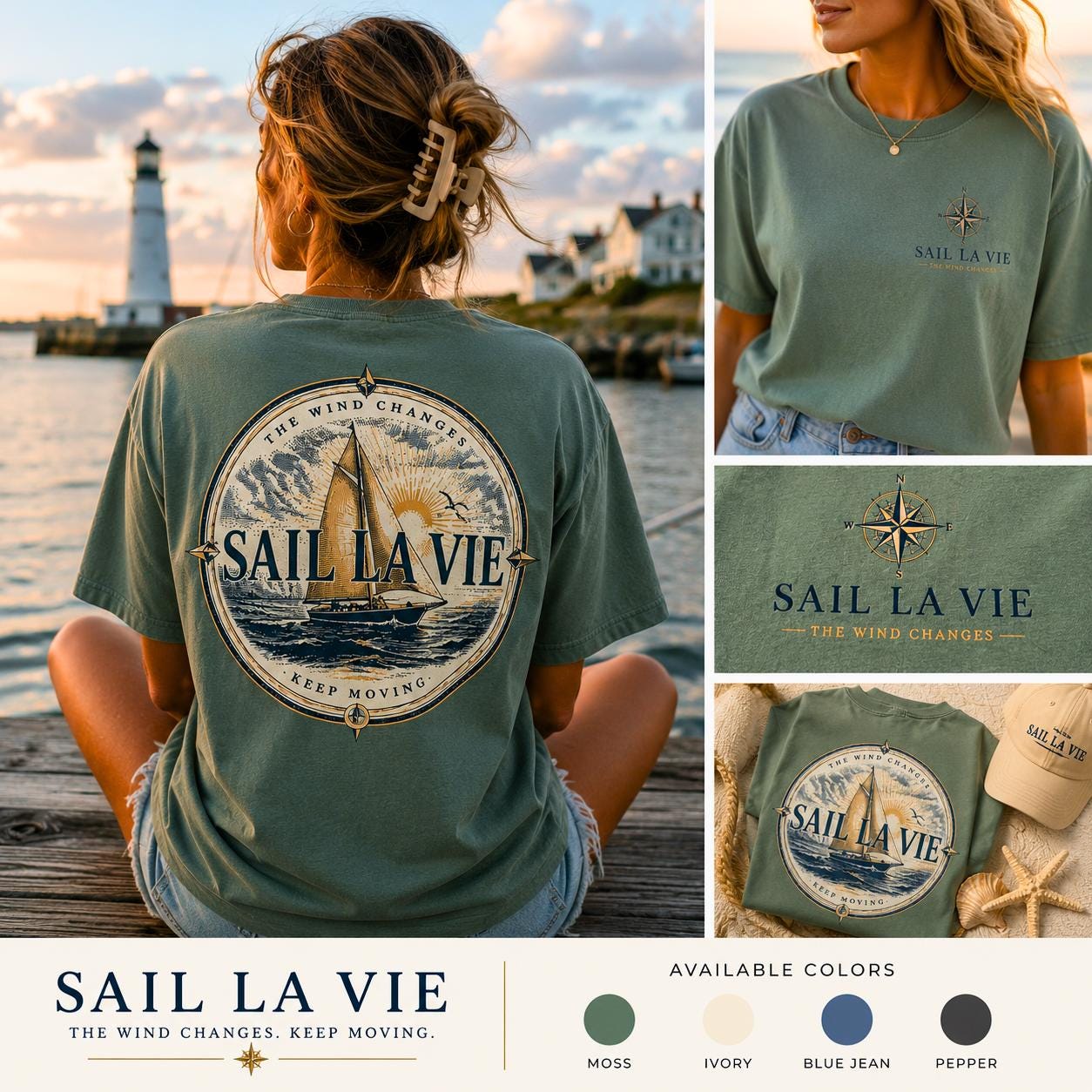 Sail La Vie Vintage Sailboat Tee, Coastal Nautical Compass Shirt