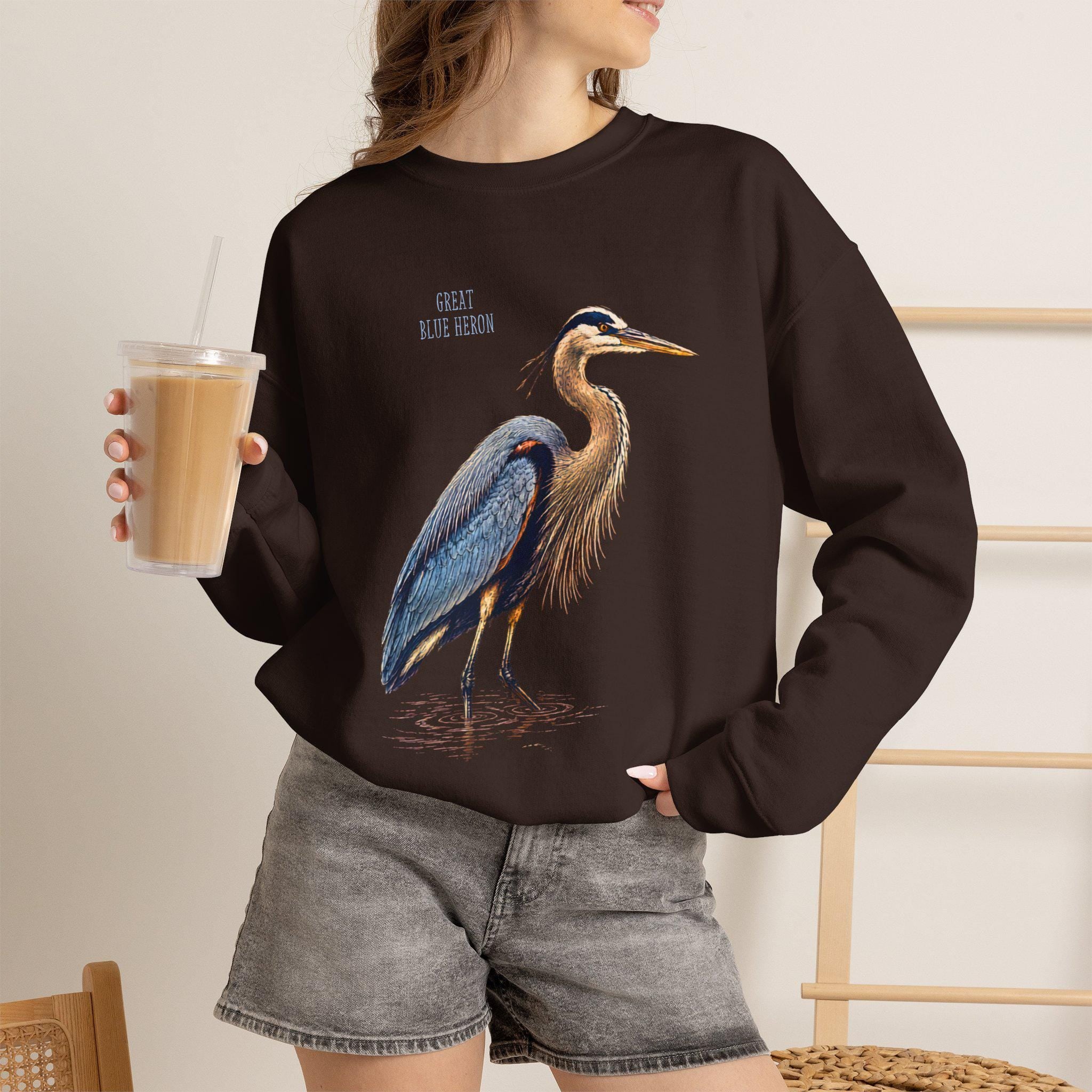 Blue Heron Crewneck Sweatshirt | Vintage Bird Artwork, Nature Apparel