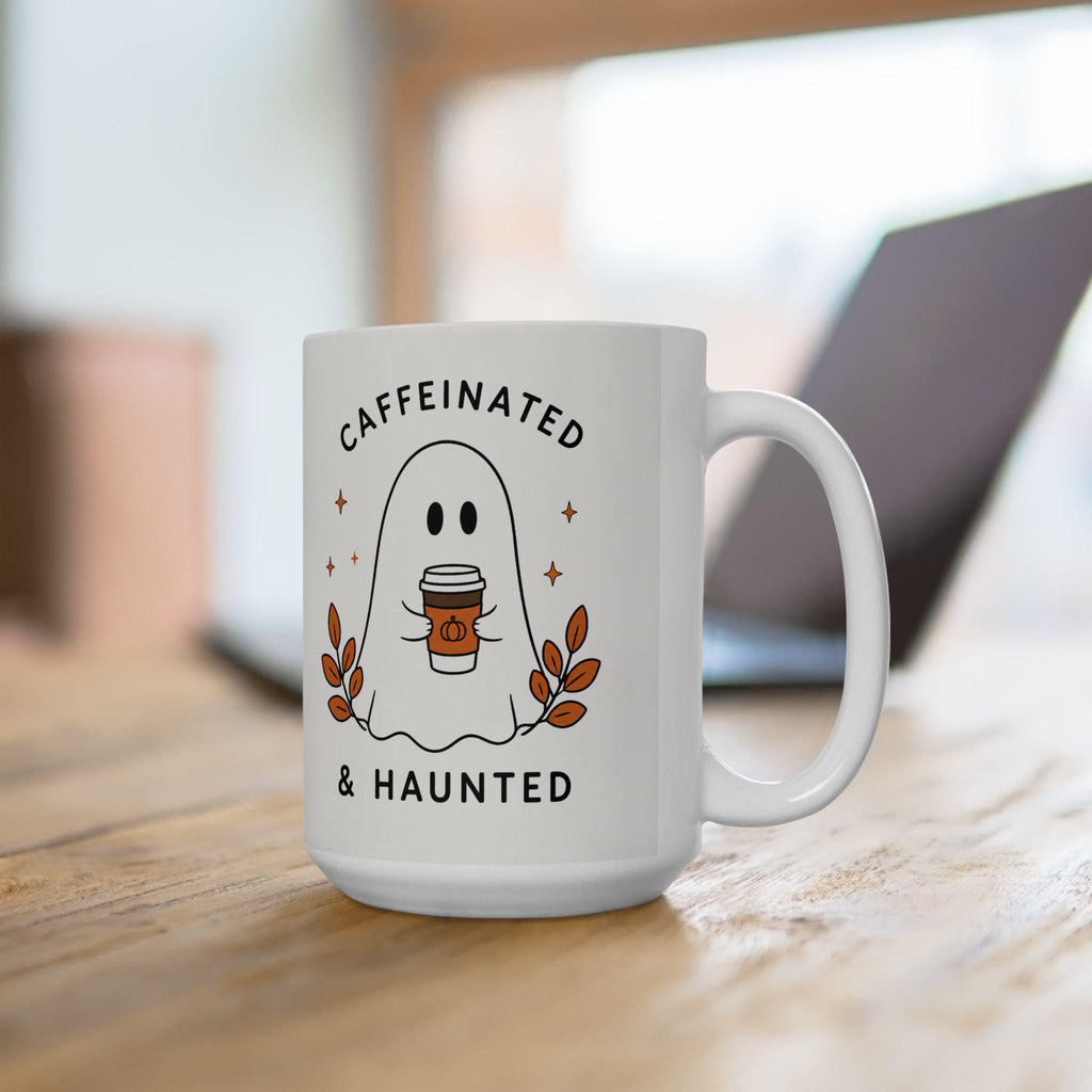 Caffeinated & Haunted Ghost Illustration Mug | Ceramic Coffee Cup