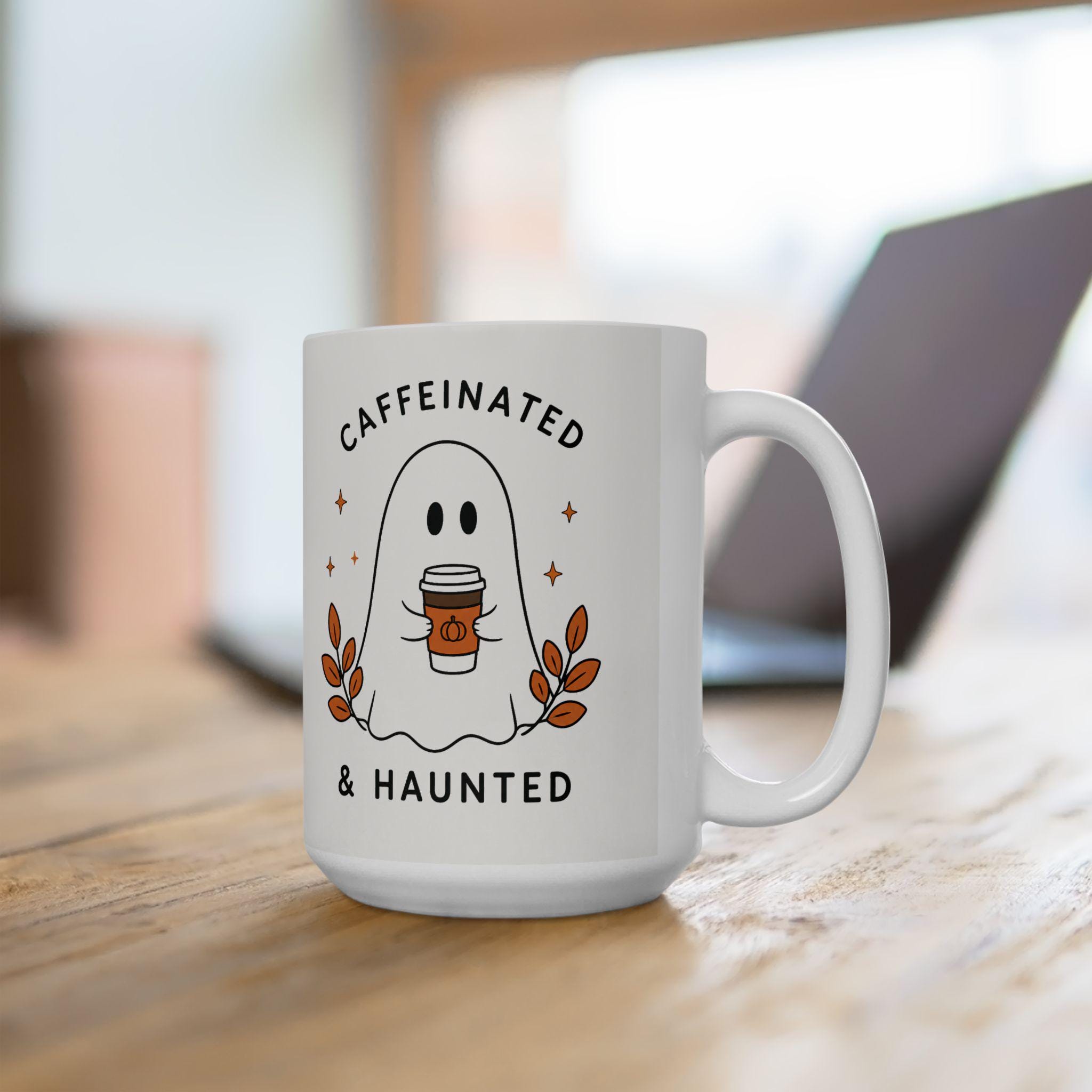 Caffeinated & Haunted Ghost Illustration Mug | Ceramic Coffee Cup