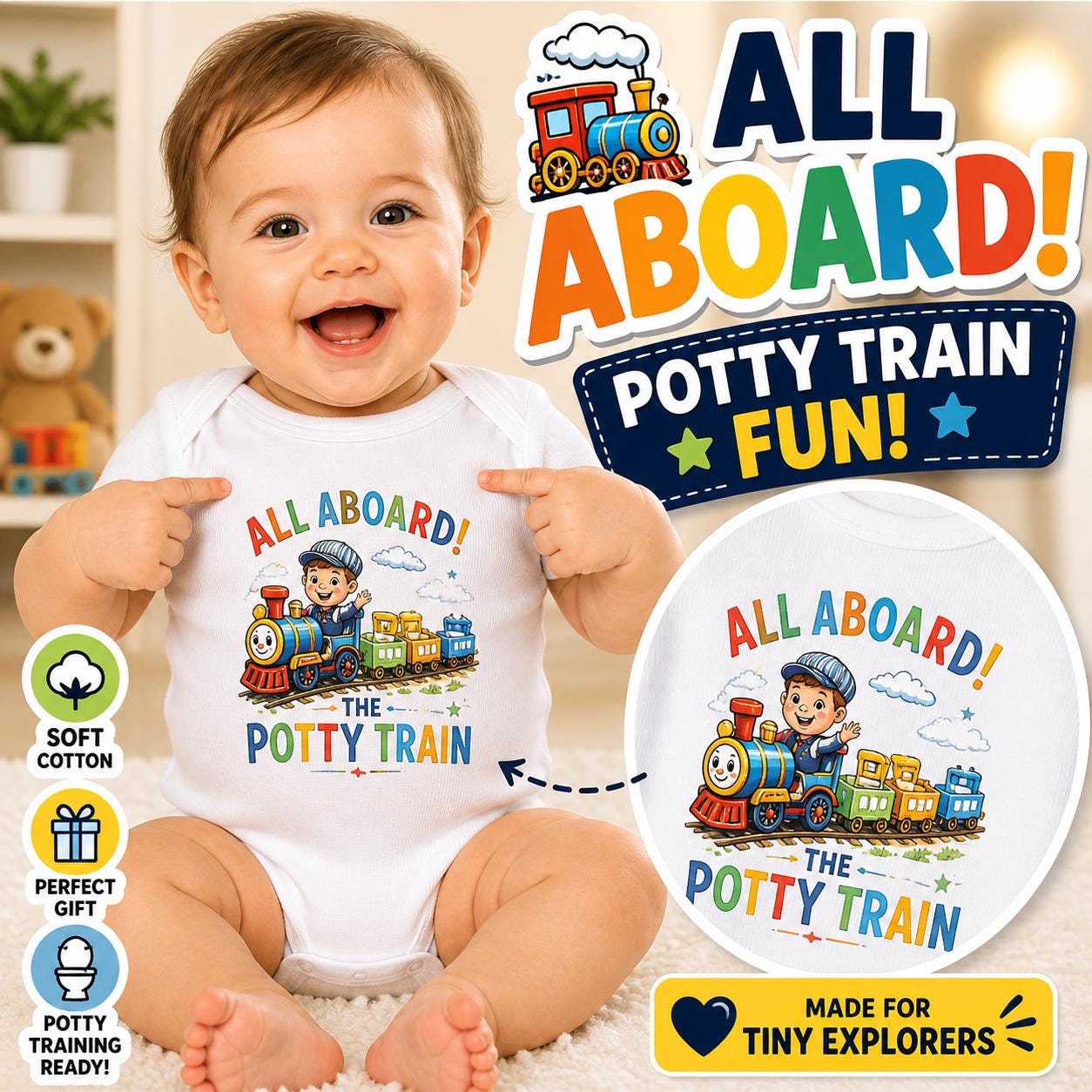 All Aboard Potty Train Baby Bodysuit, Train Theme Outfit, Soft Cotton Infant Clothes