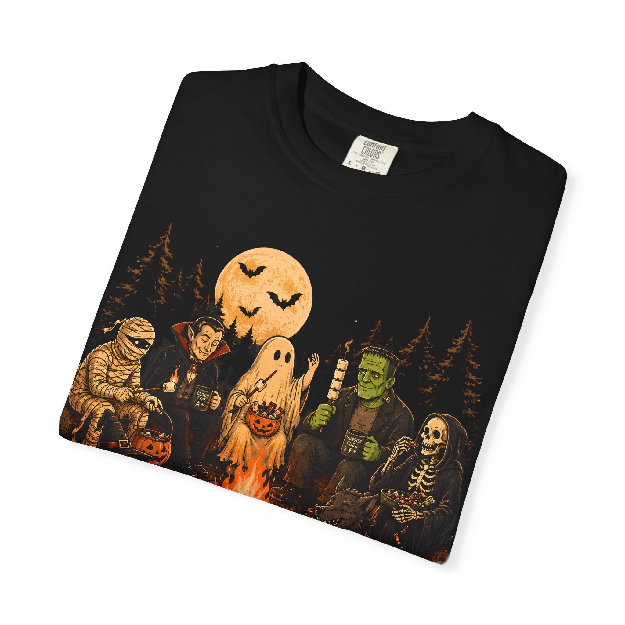 Monster Campfire Scene T-shirt | Halloween Haunted Pumpkin Night