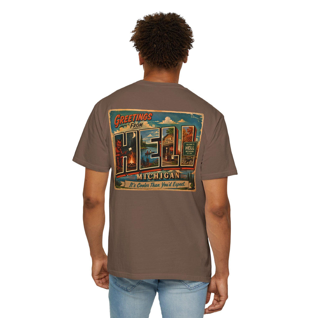 Greetings From Hell Michigan Postcard Shirt | Vintage Travel Souvenir Tee